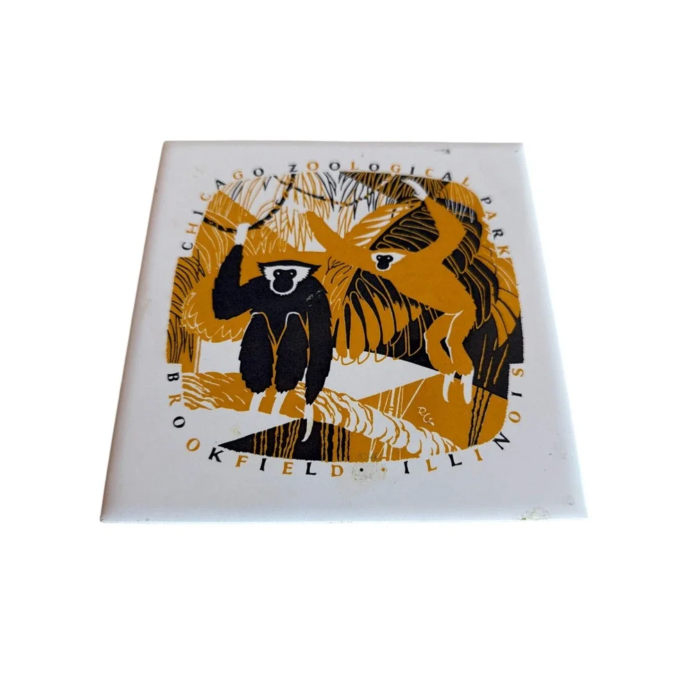 Chicago Zoological Park Tile White Yellow Brookfield Illinois Gibbons Monkey Art